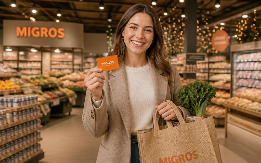 Özel günlerde Migros market kartı ve alışveriş torbasıyla gülümseyen bir çalışan