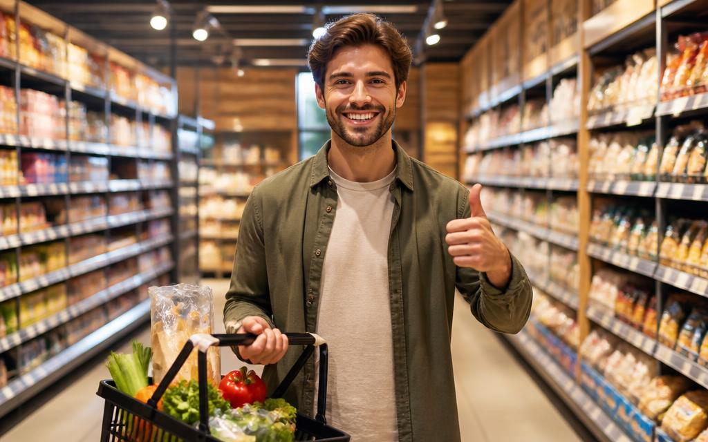 Market reyonunda alışveriş sepetiyle memnun bir çalışan